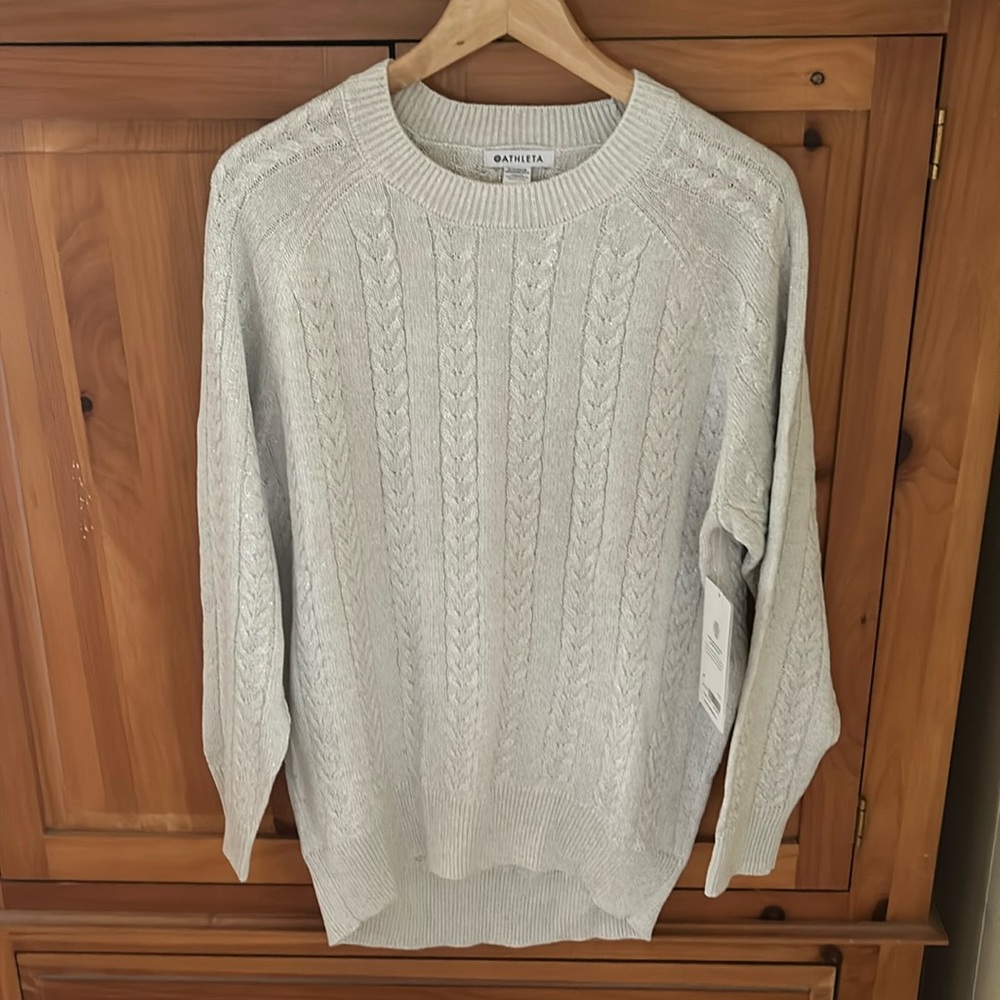 BNWT Athleta grey/sparkle holiday cable knit sweater